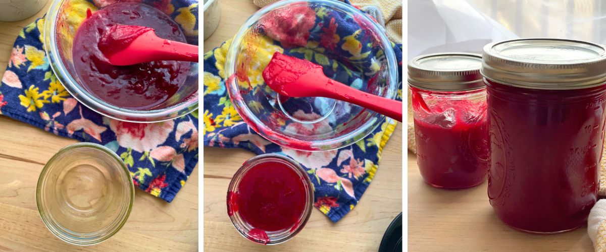 Three images showing steps of homemade cranberry sauce making: scooping the puree with a spatula, pouring it into a jar, and sealed jars of finished cranberry sauce.