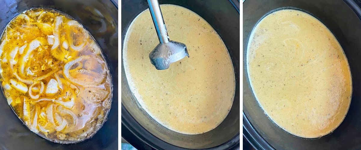 Three images showing the progression of creamy turkey gravy in a crockpot: starting with ingredients before blending, after blending with a hand mixer, and the final smooth mixture.