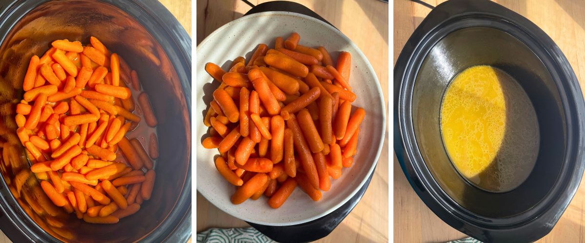 Three images showing baby carrots during different cooking stages: soaked in a pot, drained on a plate, and the glaze in a slow cooker with melted butter.