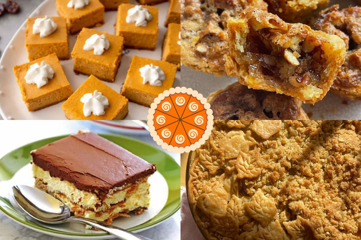 Four images of different homemade desserts including pumpkin bars, a layered custard cake, sticky pecan bites, and an apple crumble pie.