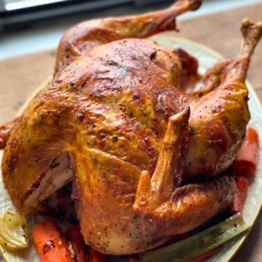 A golden-brown roasted turkey served with vegetables on a plate.