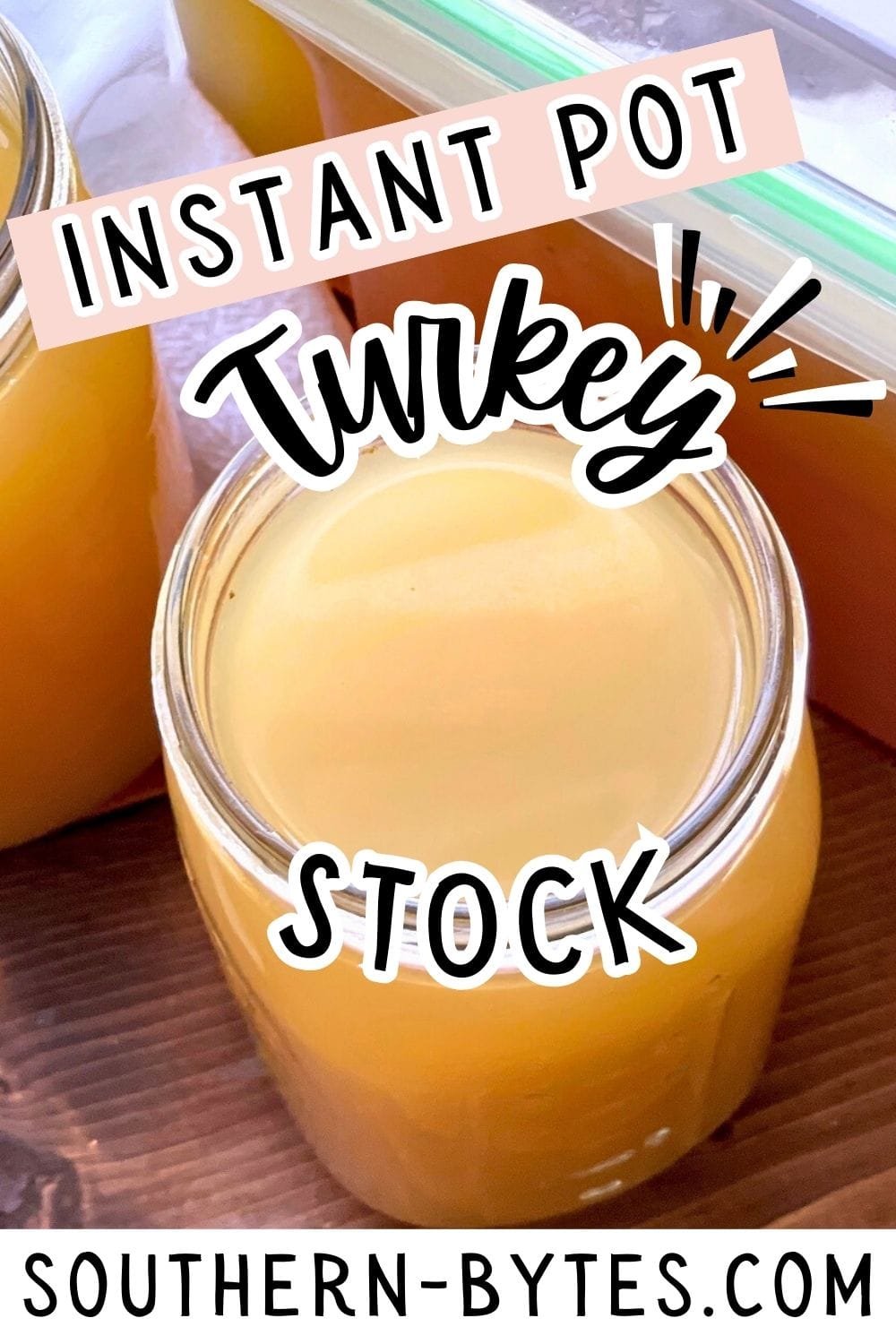 A pin image of a jar of homemade turkey broth on a countertop with more jars in the background.