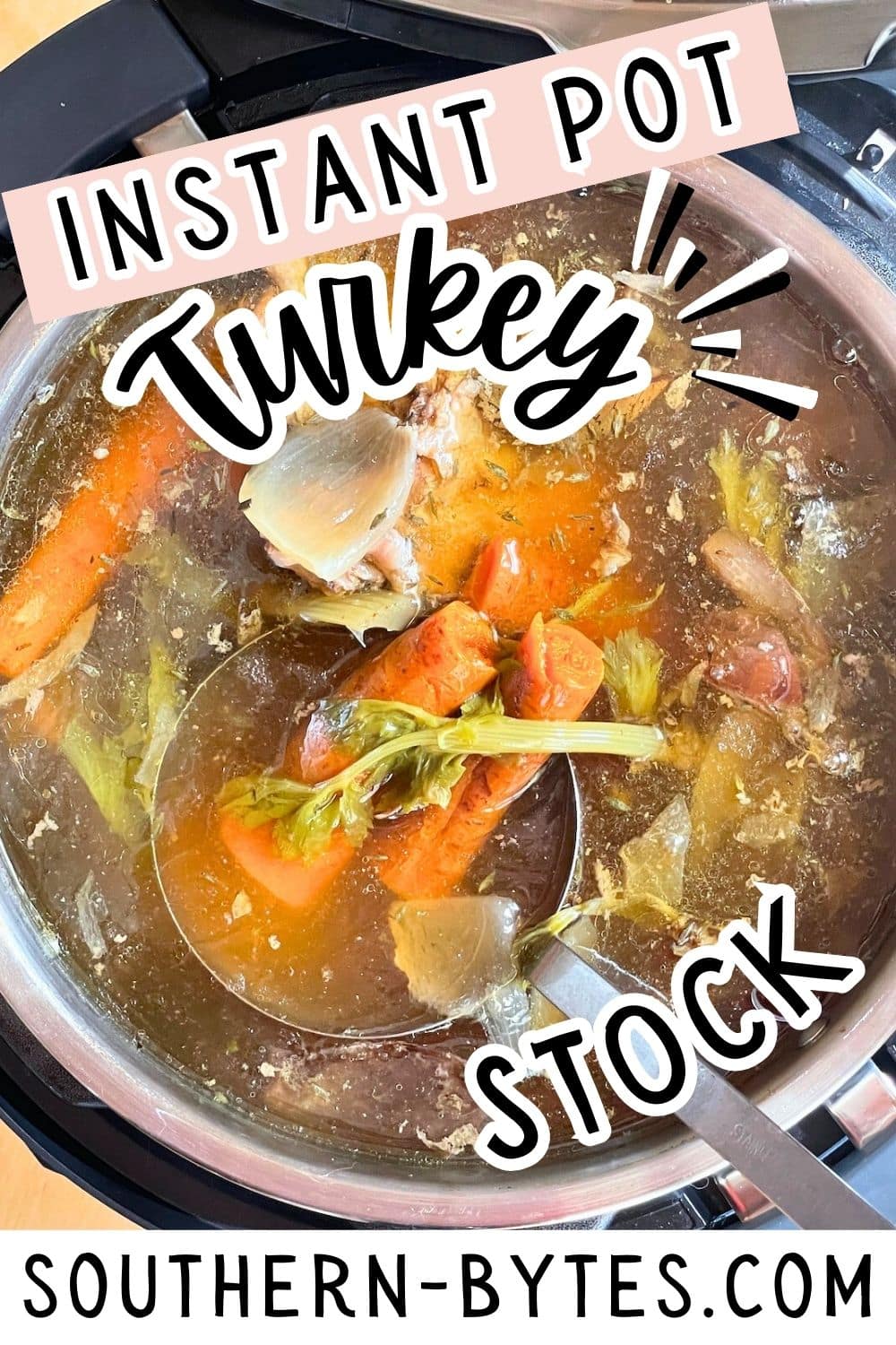 A pot of turkey stock with vegetables, cooking in an Instant Pot, labeled with text for a recipe website.