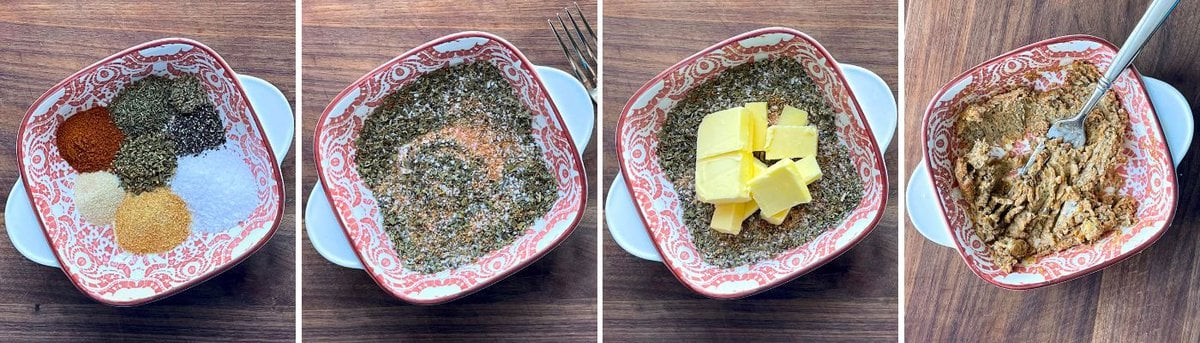 Four sequential images showing the process of making spiced butter for turkey, starting with separate piles of spices in a bowl, then mixed, followed by the addition of solid butter, and ending with the fully mixed compound butter.