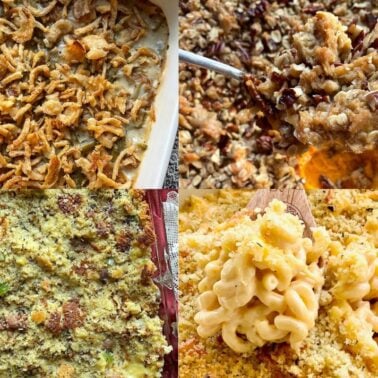 Three different casserole dishes including green bean casserole, sweet potato casserole, and macaroni and cheese, viewed from above.