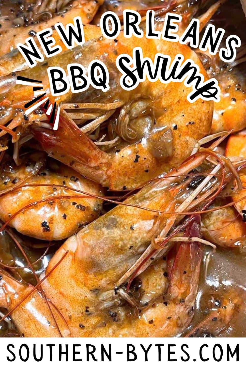 A pin image of a photo of New Orleans-style barbecue shrimp garnished with herbs and spices.