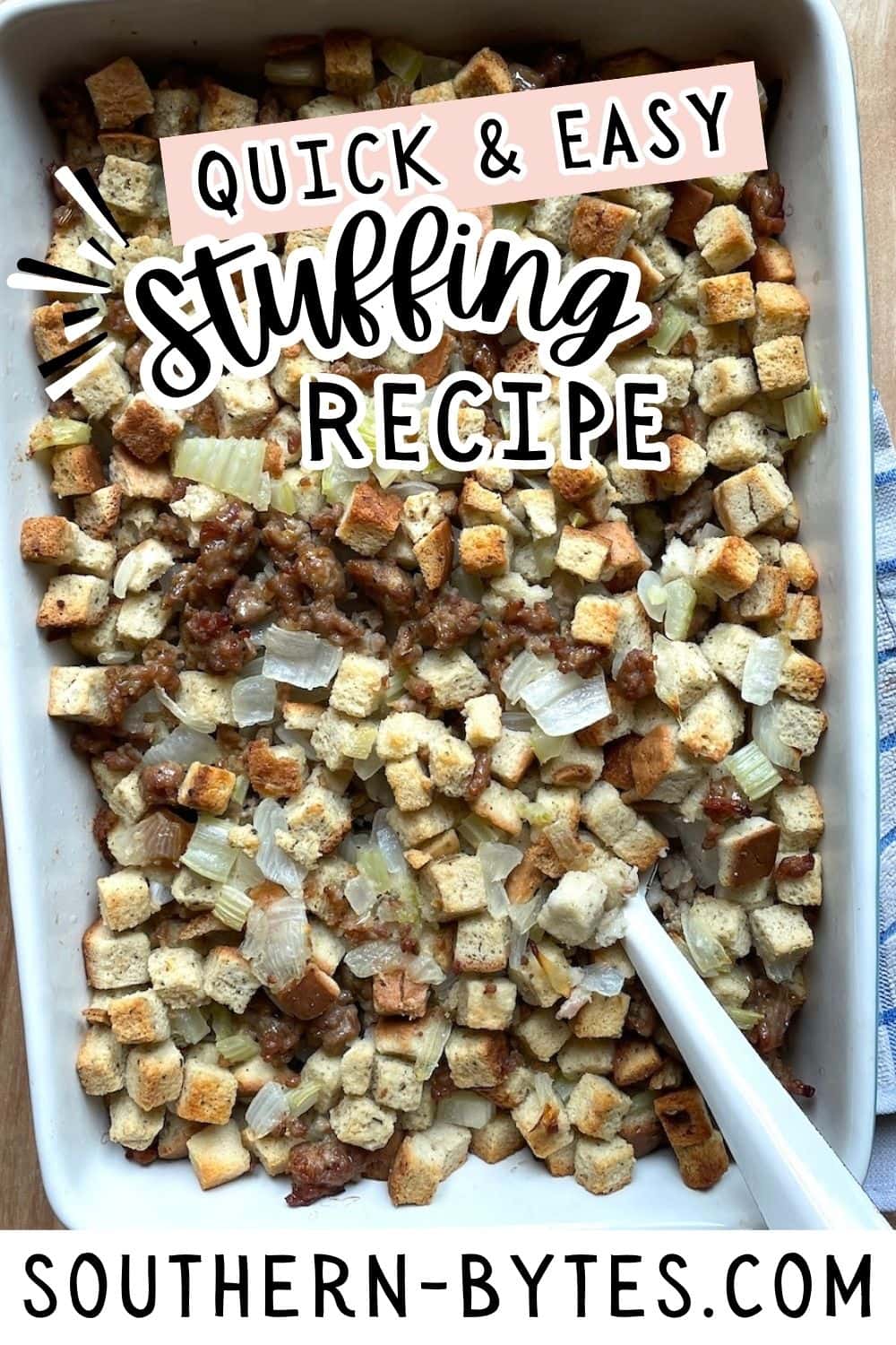 A pin image of a freshly baked tray of homemade stuffing with diced bread, onions, and seasoning, ready to serve.