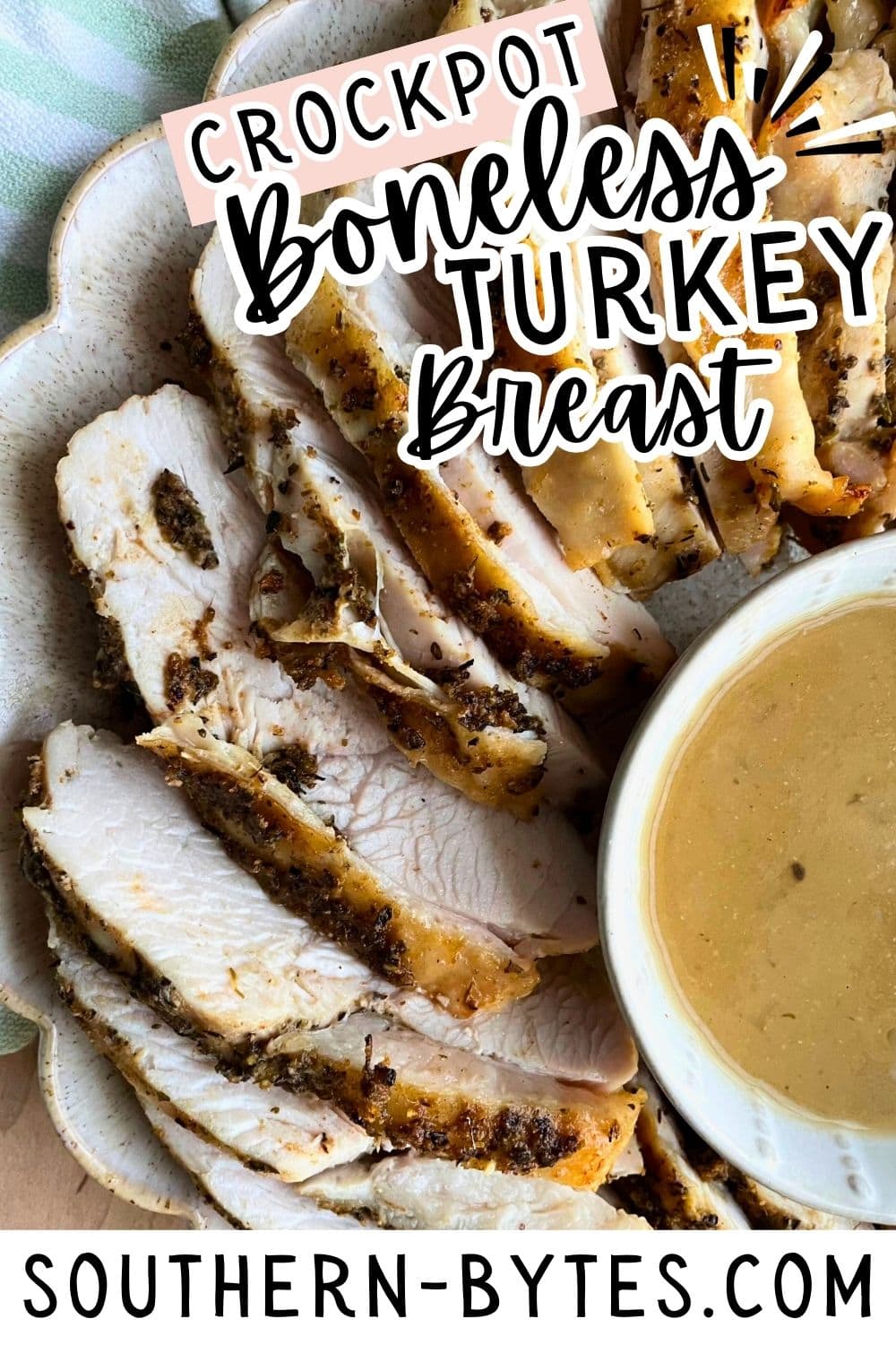 A pin image of sliced boneless turkey breast served with gravy on a plate.