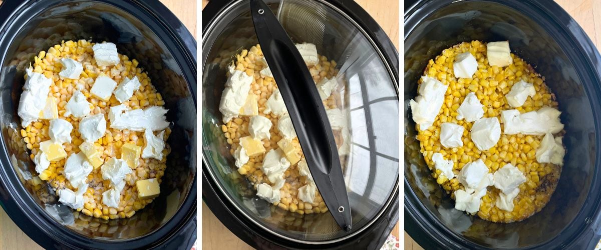 Three sequential images showing creamed corn being cooked in a black crock pot.