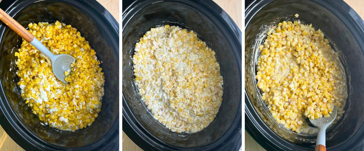 Three sequential images showing creamed corn being cooked in a black slow cooker.