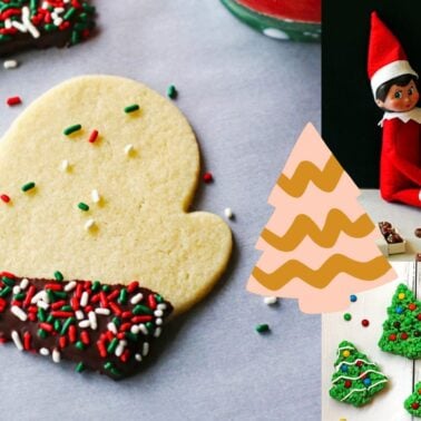 A split image with chocolate-dipped sprinkle cookies on the left and an elf on the shelf with festive decorations on the right.