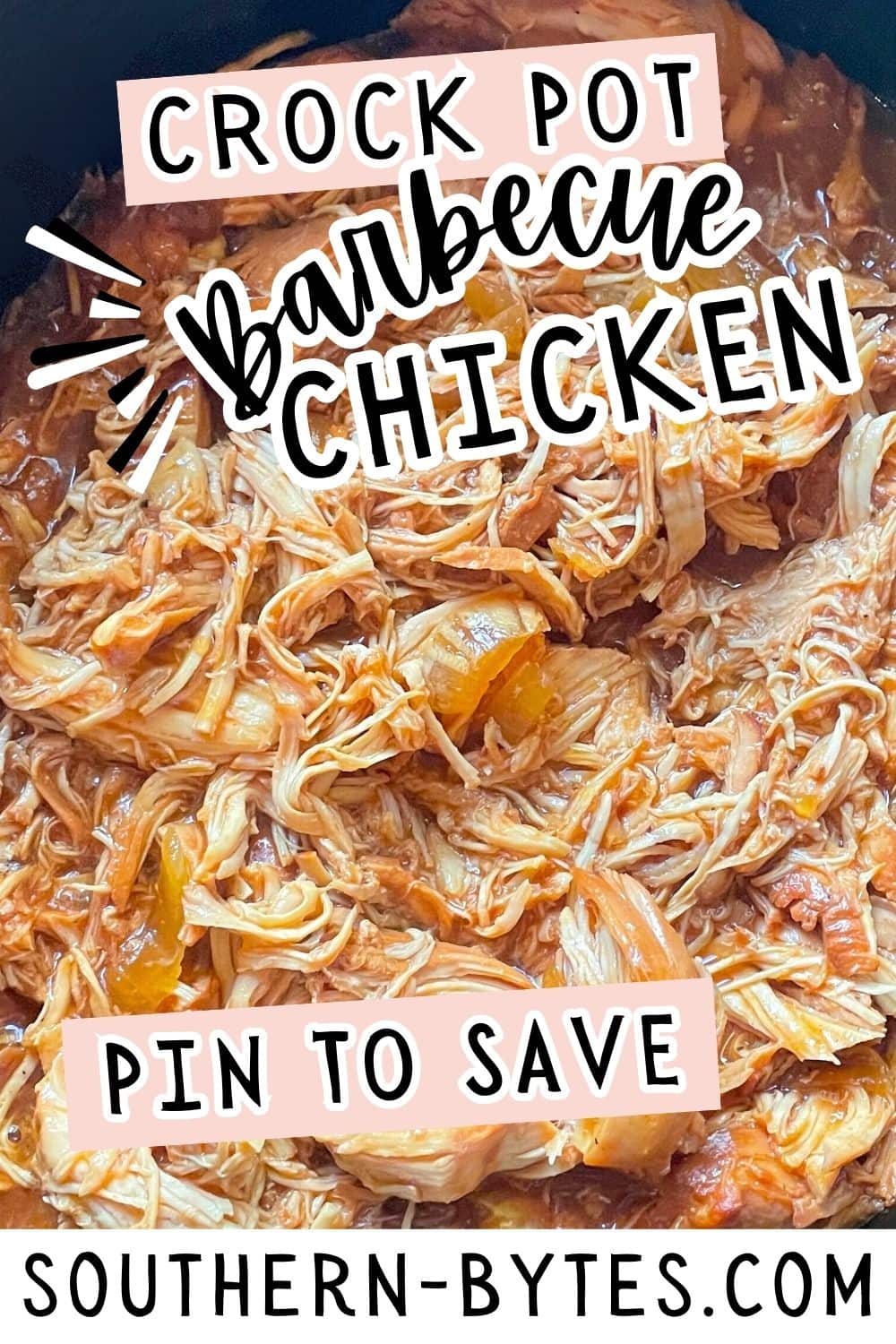 A pin image of a close-up of shredded barbecue chicken in a crock pot.