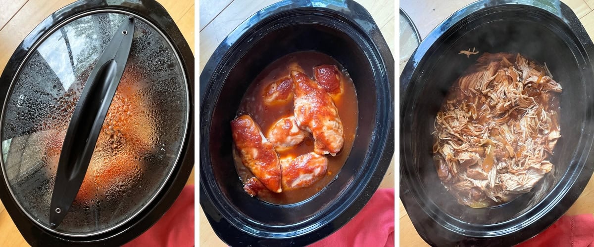 Three stages of chicken cooking in a slow cooker: covered cooker, chicken in sauce, and final shredded chicken dish.