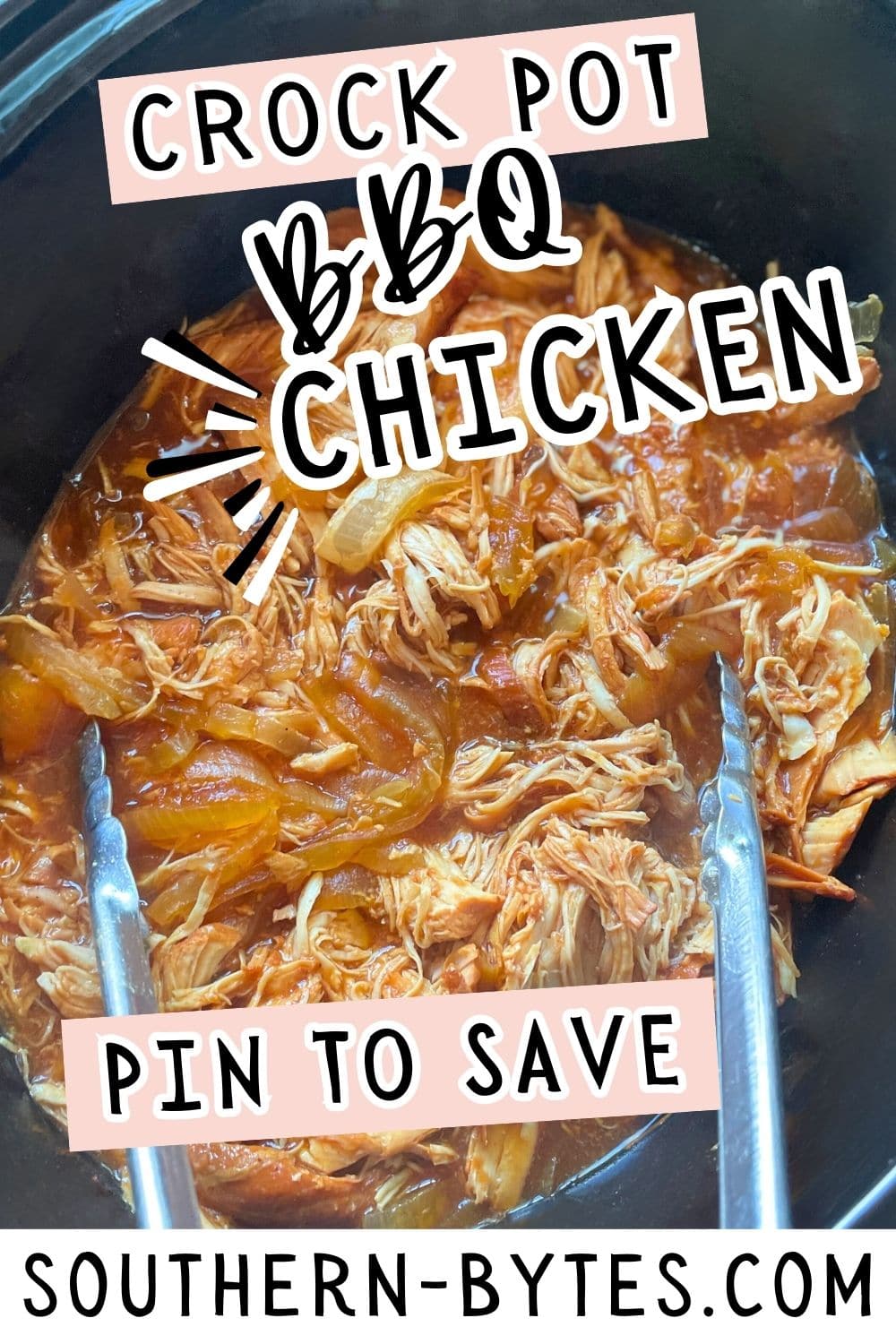 A pin image of a shredded BBQ chicken in a crock pot.