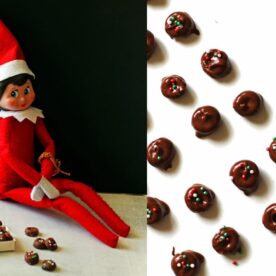 An elf doll sitting next to a box labeled 'Elf donut' with miniature donuts on one side and a spread of chocolate-covered pretzels decorated with colorful sprinkles on the other side.
