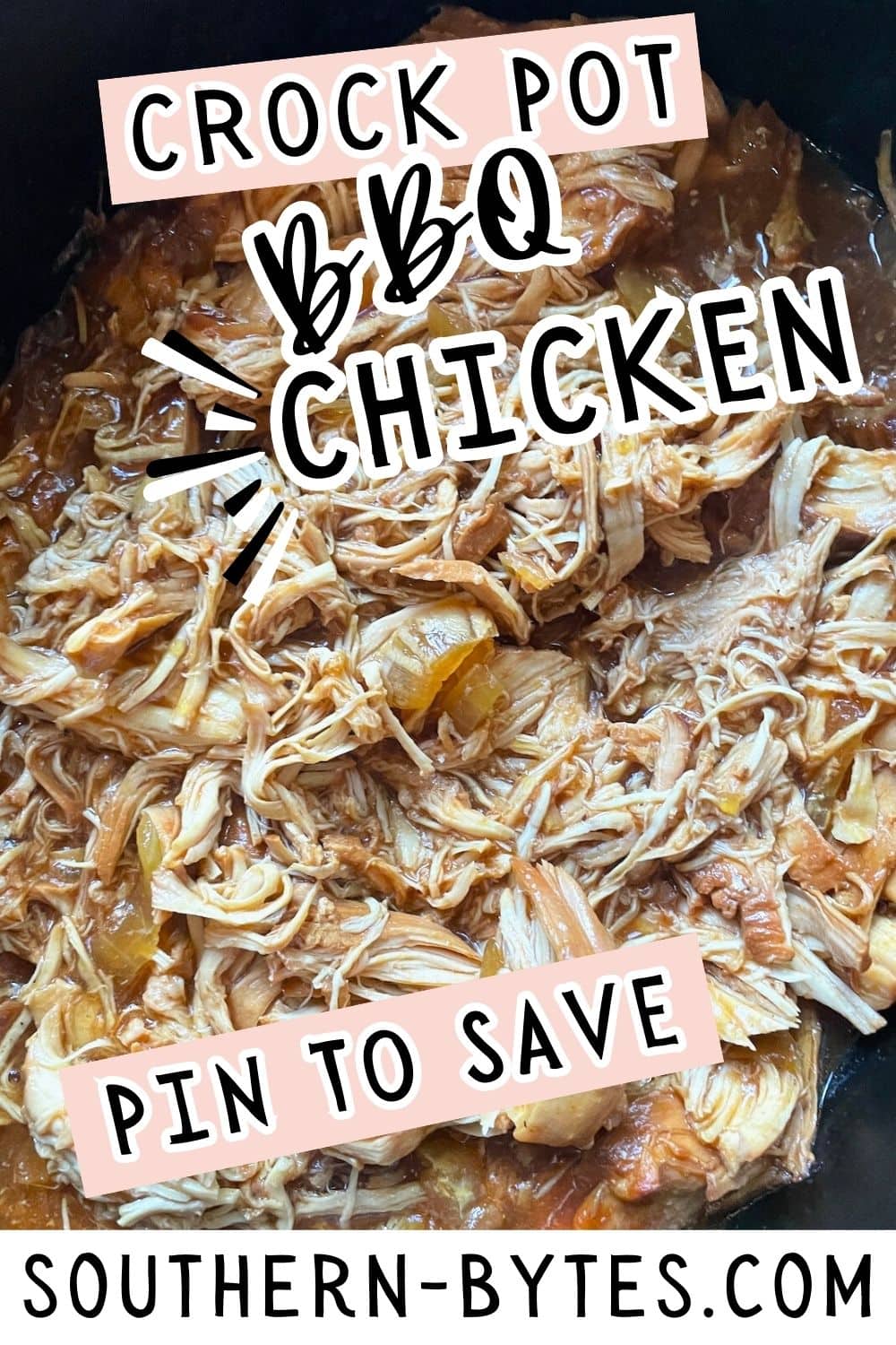 A pin image of a close-up of shredded BBQ chicken in a slow cooker.