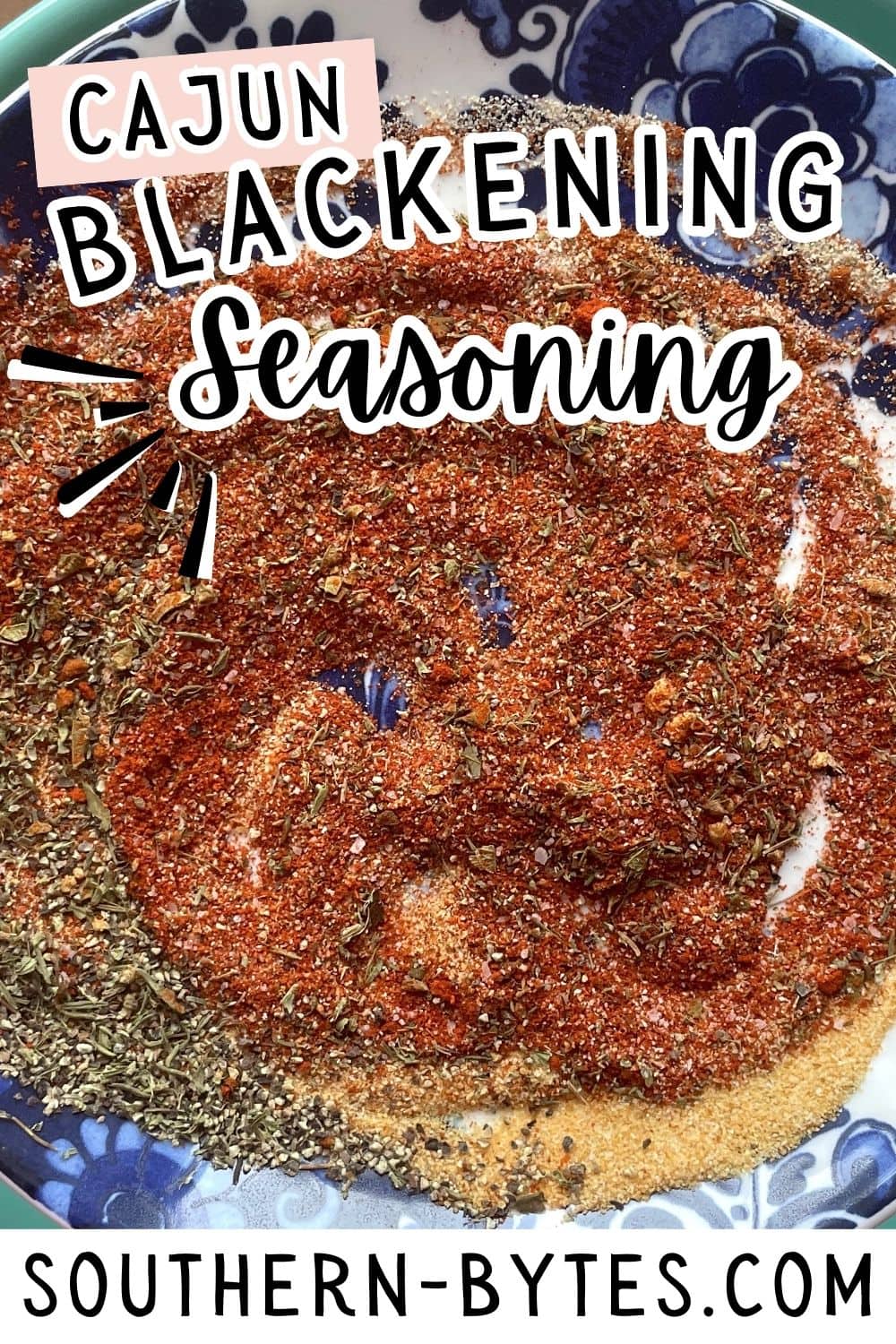 A pin image of Cajun blackening seasoning mix swirled on a blue plate.