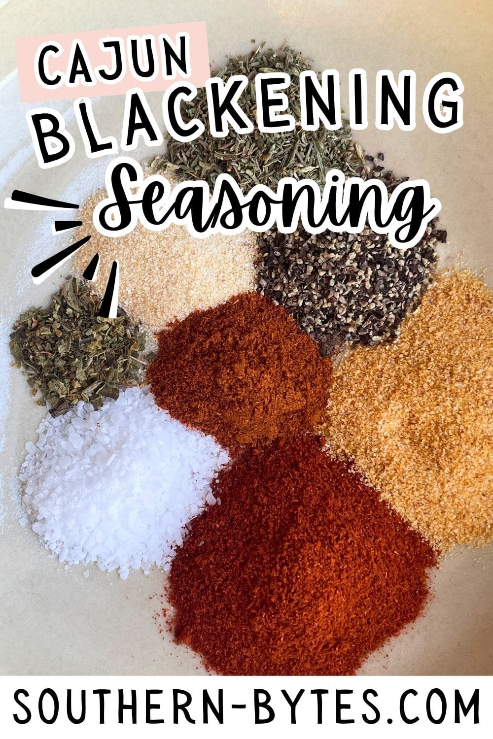 A pin image of the ingredients in Cajun blackening seasoning laid out in a bowl.