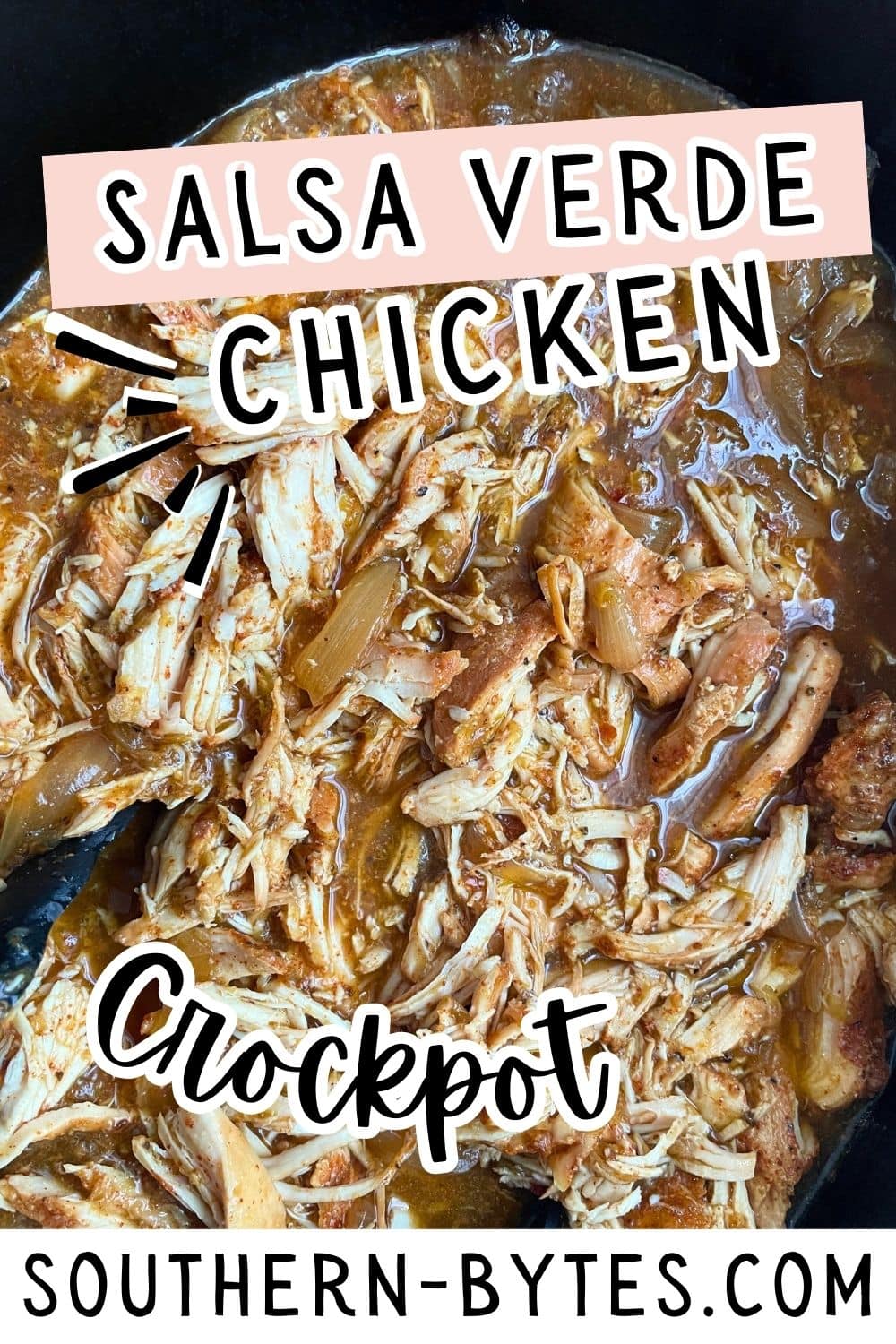 Delicious pulled chicken cooked in salsa verde, served in a crockpot for easy meal prep.