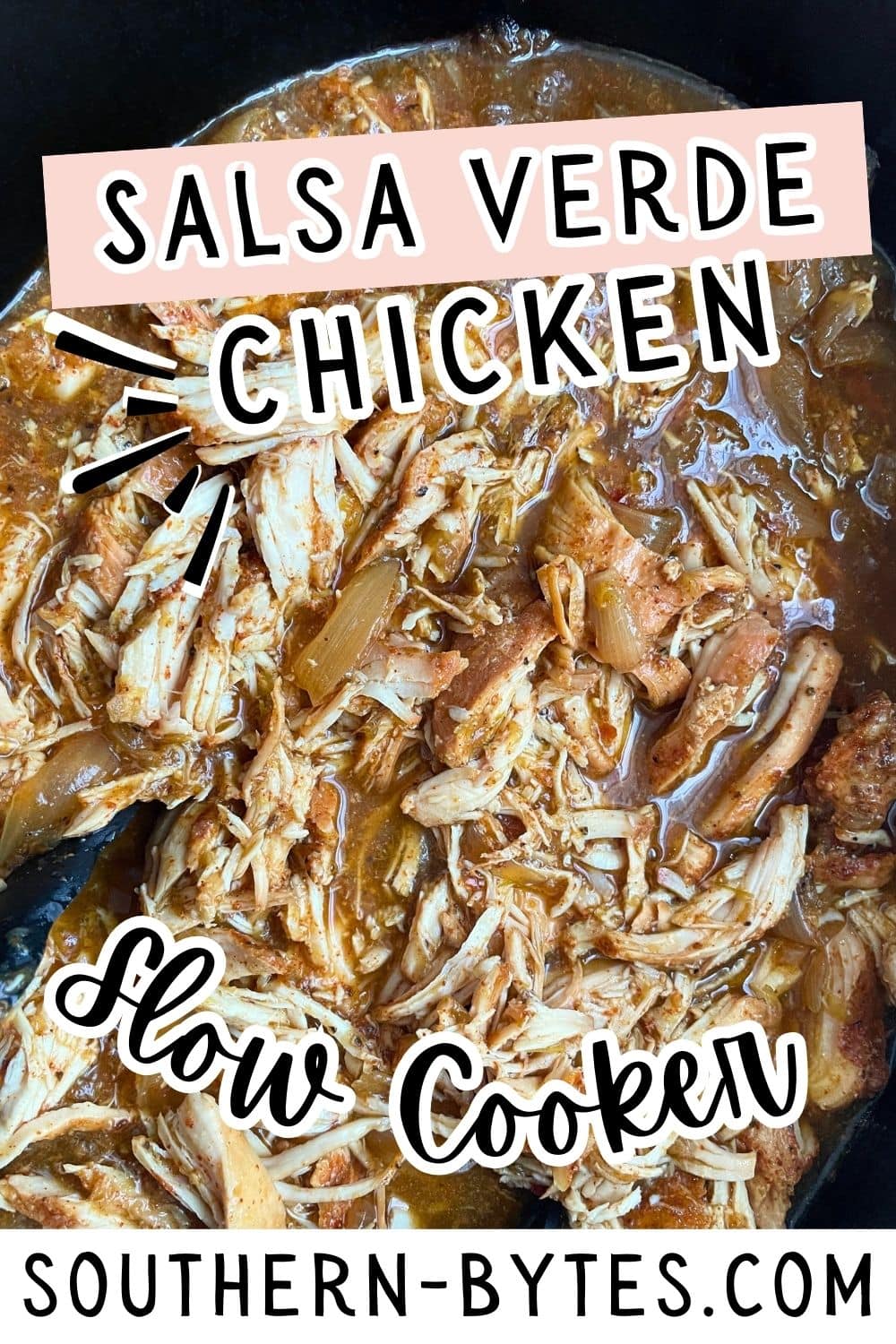 A delicious slow-cooked salsa verde chicken dish, featuring shredded chicken and flavorful sauce in a black pot.