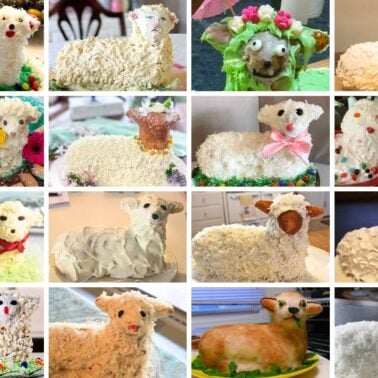 A compilation of whimsical and artistic lamb-shaped cakes decorated for Easter celebrations.