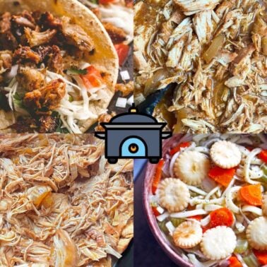 A collage of delicious slow cooker chicken dishes, including tacos, shredded chicken with sauce, chicken with onions, and chicken soup with crackers.