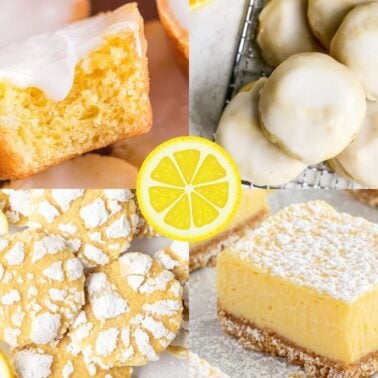 A colorful assortment of lemon-flavored desserts including lemon bars, cookies, and glazed cakes.