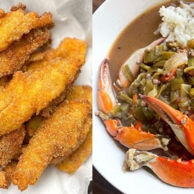 A delicious serving of golden fried fish fillets alongside a hearty bowl of gumbo filled with vegetables, crab claws, and rice.