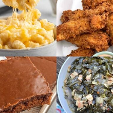 A collage of hearty comfort foods featuring creamy macaroni and cheese, crispy fried chicken, chocolate cake, and Southern-style collard greens.