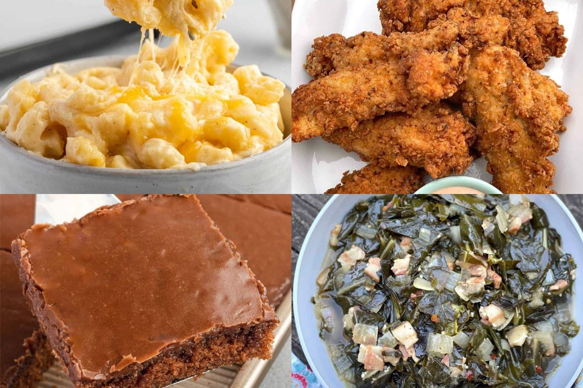 A collage of hearty comfort foods featuring creamy macaroni and cheese, crispy fried chicken, chocolate cake, and Southern-style collard greens.