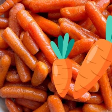 A bowl filled with shiny, caramelized baby carrots, enhanced by playful carrot graphics.