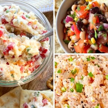 A colorful display of various dips, including a creamy red pepper spread, a black-eyed pea salsa, and a shrimp salad, served with crackers and tortilla chips.