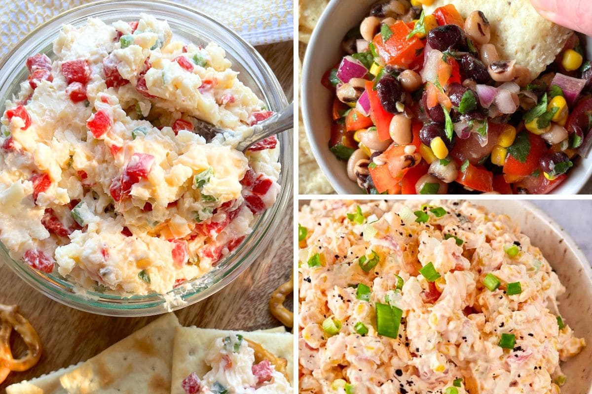 A colorful display of various dips, including a creamy red pepper spread, a black-eyed pea salsa, and a shrimp salad, served with crackers and tortilla chips.