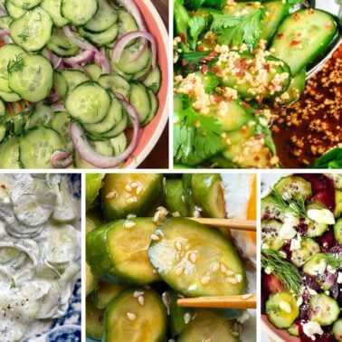 A collage of different cucumber salad preparations featuring sliced cucumbers, herbs, and various dressings in vibrant bowls.