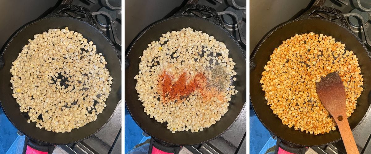 Three images showing the process of toasting corn in a skillet, from raw kernels to seasoned and golden-brown.