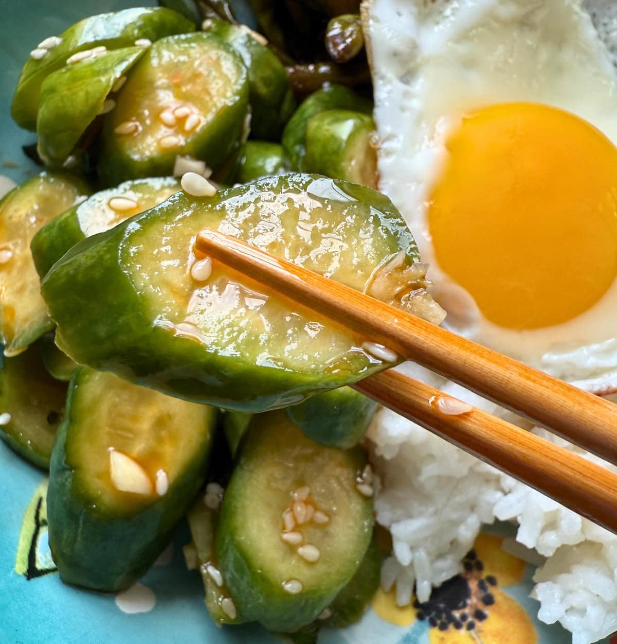 A close-up of sliced cucumbers in a sesame dressing, being held with chopsticks, accompanied by a fried egg and rice on a colorful plate.