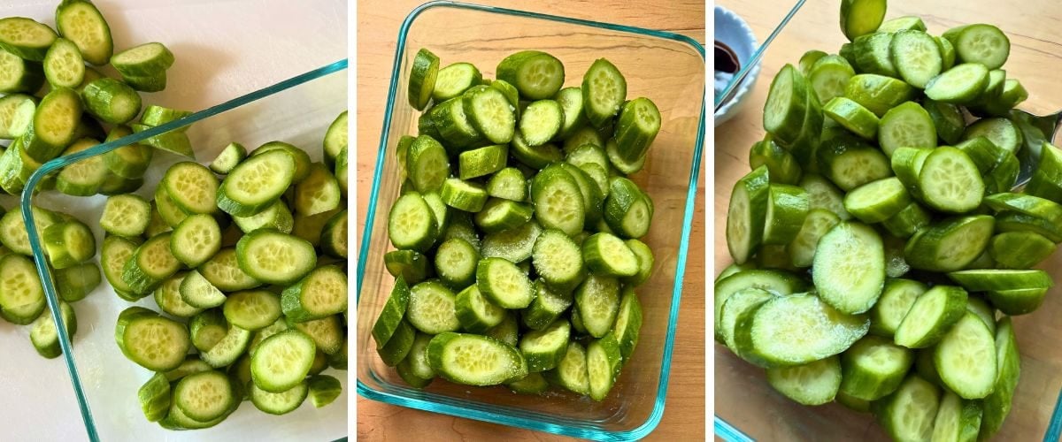A collage of images showing how to salt cucumbers for making cucumber salad.