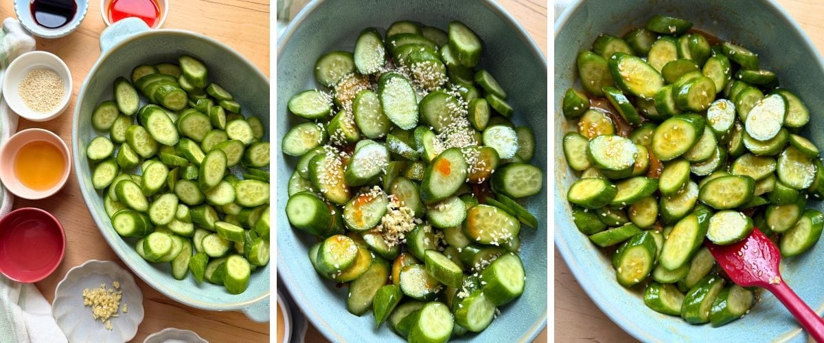 Three images showing the preparation of a cucumber salad, with sliced cucumbers and various ingredients like sesame seeds and garlic being added.