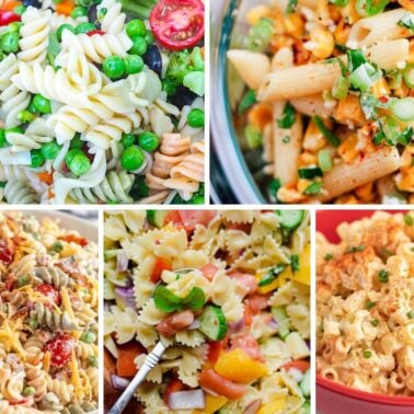 A vibrant assortment of pasta salads featuring different shapes, colors, and ingredients including vegetables and toppings, served in a visually appealing arrangement.
