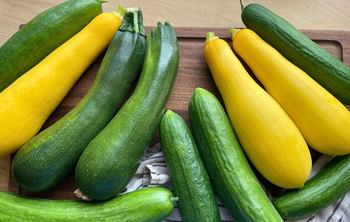 An assortment of green zucchinis, yellow squashes, and cucumbers arranged on a wooden cutting board.