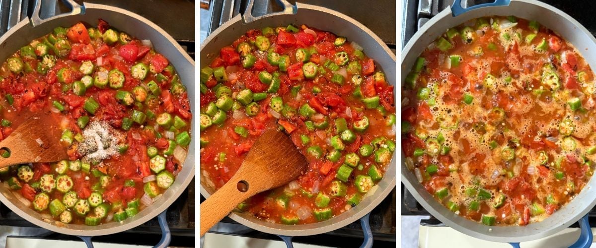 A cooking process showing a pan with chopped okra, tomatoes, and seasoning, gradually transforming into stewed tomatoes and okra.
