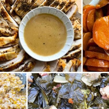 A variety of Southern dishes featuring sliced roasted chicken with gravy, sweet glazed carrots, creamy corn casserole, and savory collard greens.