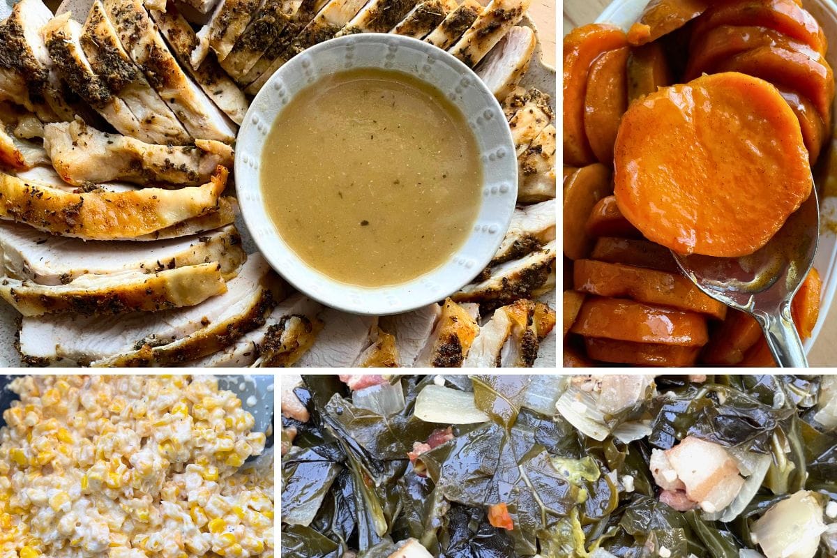 A variety of Southern dishes featuring sliced roasted chicken with gravy, sweet glazed carrots, creamy corn casserole, and savory collard greens.