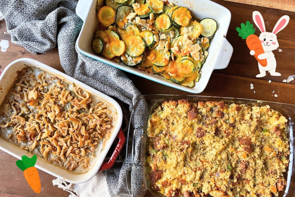 A colorful display of three homemade casseroles, including green bean, cheesy zucchini, and cornbread stuffing, styled with festive bunny and carrot graphics.